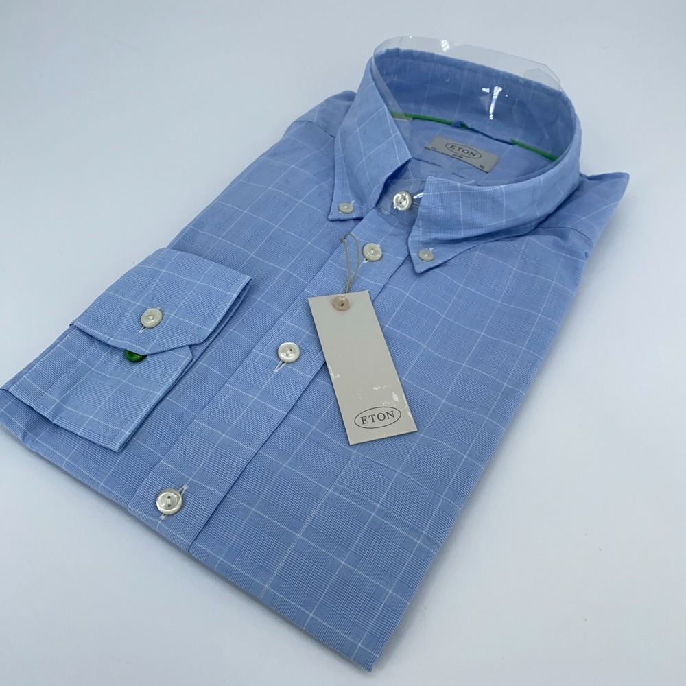 Eton Dress Shirt Men XL 17 1/2 - 44 Blue Check Slim Fit L/S Collared Button Down